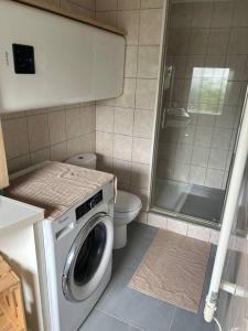 une salle de bain avec machine à laver et toilettes dans l'établissement Maison T2 de charme, calme absolu et parking privé, à La Riche 3 autres photos