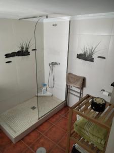 a shower with a glass door in a bathroom at Small village house with beautiful sea views in Torrox