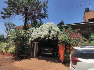 a car parked in a driveway with a bunch of flowers at Shri Laxmi Narayan Bungalow in Mahabaleshwar