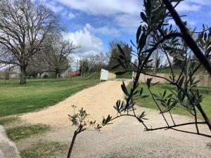 un camino de tierra en un parque con un árbol en Sylvie et Olivier, en Saint-Sozy