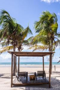 2 bancs sur une plage avec 2 palmiers dans l'établissement Vila Vagalume, à Trairi