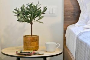 a plant in a pot on a table next to a bed at Ionia Living in Barbati