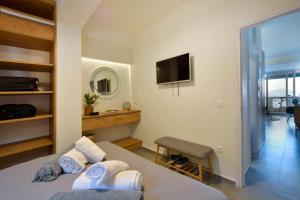 a bedroom with a bed and a desk and a television at Ionia Living in Barbati