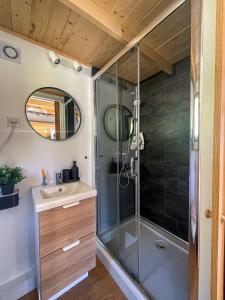 a bathroom with a shower and a sink at Togethernest Glamping in Mătişeşti