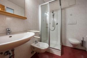 uma casa de banho com um chuveiro, um lavatório e um WC. em Lindenhof Apt 5 em Vandoies