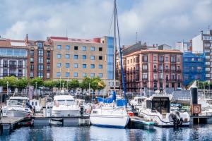 un groupe de bateaux amarrés dans un port avec des bâtiments dans l'établissement Otra Mirada al mar, à Gijón