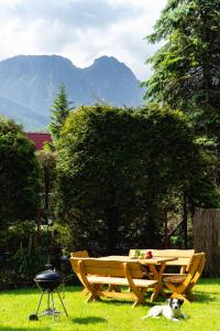 een picknicktafel en een hond die naast een grill ligt bij Willa Marta Zakopane in Zakopane