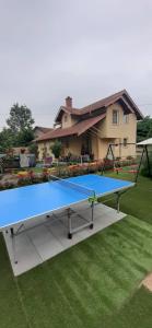 a blue ping pong table in front of a house at Apartmani Filipi in Vrnjačka Banja