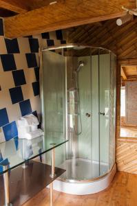 a shower in a room with a glass table at Hotel PIA Colombia in Marinilla +51 photos