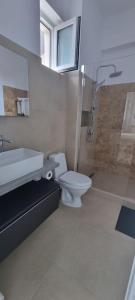 a bathroom with a toilet and a sink and a shower at Vila DVG Costinesti in Costinesti +74 photos