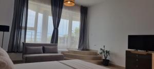 a bedroom with a bed and a chair and a television at Vila DVG Costinesti in Costinesti