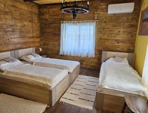 two beds in a room with wooden walls and a window at Kuća za odmor Jarić in Ležimir +19 photos
