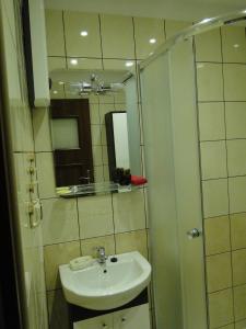 een badkamer met een wastafel en een douche met een spiegel bij Apartament Kasprusie 65m2 in Zakopane