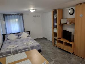 niewielka sypialnia z łóżkiem i telewizorem w obiekcie Apartment ANGELOVE w mieście Senj