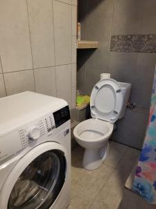 a bathroom with a washing machine and a toilet at Hostel Near The Square in Tbilisi City
