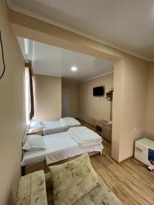 a bedroom with three beds and a flat screen tv at IPPA S PLAZA in Grigoleti