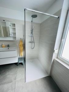 y baño con ducha y puerta de cristal. en Entzückende kleine Vorstadtvilla, en Klosterneuburg