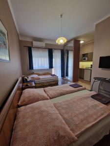 1 Schlafzimmer mit 3 Betten in einem Zimmer in der Unterkunft Villa Letícia Siófok in Siófok