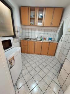 una pequeña cocina con fregadero y lavavajillas en Apartman Trupsi, en Jajce