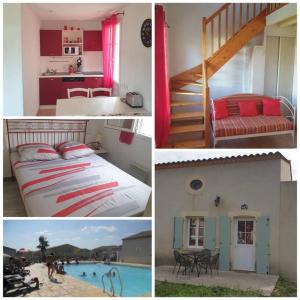 un collage de photos d'une chambre et d'une piscine dans l'établissement Agréable Villa en petite Camargue 35 m2 WIFI, à Gallargues-le-Montueux