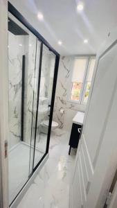 ein weißes Bad mit einer Dusche und einem WC in der Unterkunft Studio cosy Buttes-Chaumont in Paris