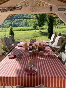 einem Picknicktisch mit einem roten und weißen Tischtuch in der Unterkunft Le Mas du Martinet in Anduze