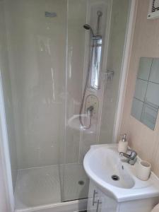 ein weißes Bad mit einer Dusche und einem Waschbecken in der Unterkunft Cherry Blossom Retreat in Felton