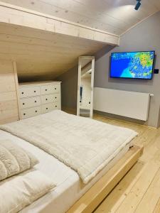 a bedroom with a large bed and a flat screen tv at Apartament Widoknastok in Korbielów