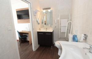 La salle de bains est pourvue d'un lavabo, de toilettes et d'un miroir. dans l'établissement HOTEL LES MARRONNIERS, à Thueyts