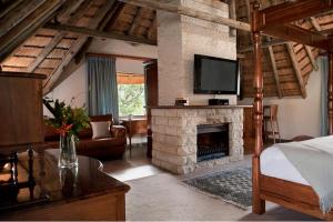 a living room with a fireplace and a television at Inkungu Lodge in Champagne Valley