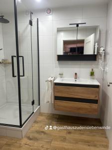 W łazience znajduje się umywalka i prysznic. w obiekcie Gasthaus zu den 7 Winden w mieście Spaichingen