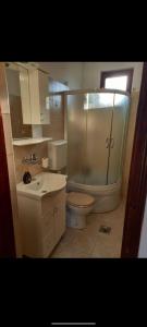 La salle de bains est pourvue d'une douche, de toilettes et d'un lavabo. dans l'établissement Raj, à Bela Crkva