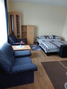 ein Wohnzimmer mit einem Sofa, einem Bett und einem Tisch in der Unterkunft Raj in Bela Crkva