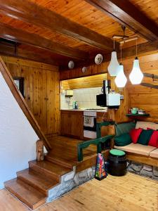 - un salon dans une cabane en rondins avec un canapé dans l'établissement Mountain Getaway Cabin, à Cheia