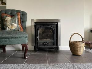 a living room with a green chair and a fireplace at Manor Farm Holiday Cottages in Chard