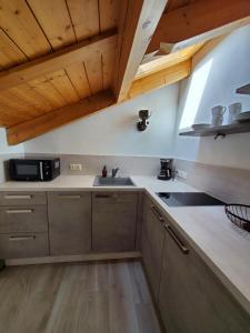 eine Küche mit einer Spüle und einer Mikrowelle in der Unterkunft Ferienwohnung Gipfelstürmer in Berchtesgaden
