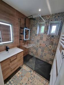 La salle de bains est pourvue d'un lavabo et d'une douche revêtue de carrelage. dans l'établissement Les Alliés, à Mulhouse