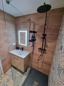 La salle de bains est pourvue d'un lavabo et d'une douche en verre. dans l'établissement Les Alliés, à Mulhouse