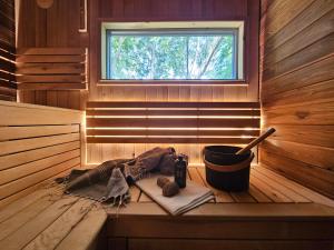 a sauna with a tub with a window in it at Meszes Apartman in Kalocsa