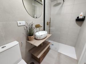 een badkamer met een wastafel, een toilet en een spiegel bij Barrameda 19 in Sanlúcar de Barrameda