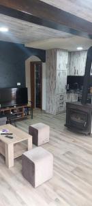 uma sala de estar com mesas, uma televisão e uma lareira em Vir em Nikšić