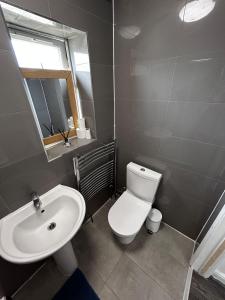 a bathroom with a white toilet and a sink at The Ruislip Apartment in Ruislip