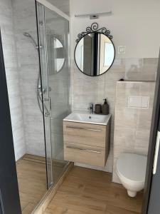 a bathroom with a shower and a sink and a toilet at Perła Jezior in Ruciane-Nida +26 photos