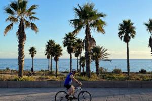 a man riding a bike down a street with palm trees at Casa Algarrobo Golf - El Toyo - PN Cabo de Gata in Almería