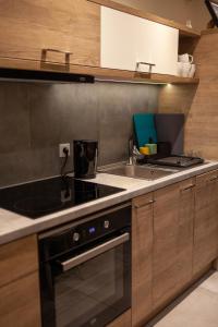 uma cozinha com fogão forno ao lado de um lavatório em Lukas Guest Rooms em Cracóvia