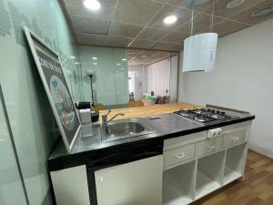 eine Küche mit einer Spüle und einer Arbeitsplatte in der Unterkunft App privado en casa, si mascotas in Matadepera