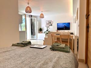 - une chambre avec un lit et 2 serviettes dans l'établissement Paisible studio tout neuf en lisière de forêt, à Peyrolles-en-Provence