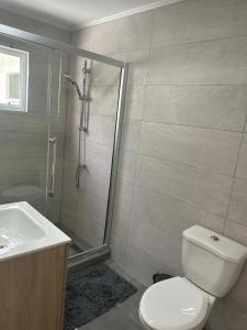 uma casa de banho com um chuveiro, um WC e um lavatório. em Klip lagoon apartsments em Oranjestad