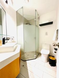 uma casa de banho com uma cabina de duche em vidro e um WC. em OQ MIRADOR CLASSIC - AIRPORT em Arequipa