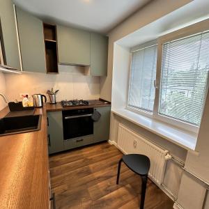 a kitchen with a stove top oven next to a window at Cozy Apartment Kazlų Rūda in Kazlų Rūda